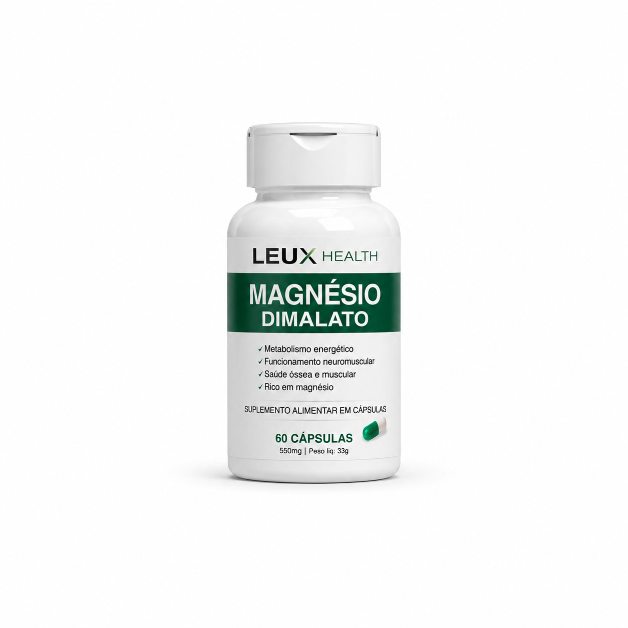 Magnésio Dimalato 550mg – 60 Cápsulas | Qualidade do Sono | Saúde Muscular e Óssea | Foco e Disposição | Entega Rápida