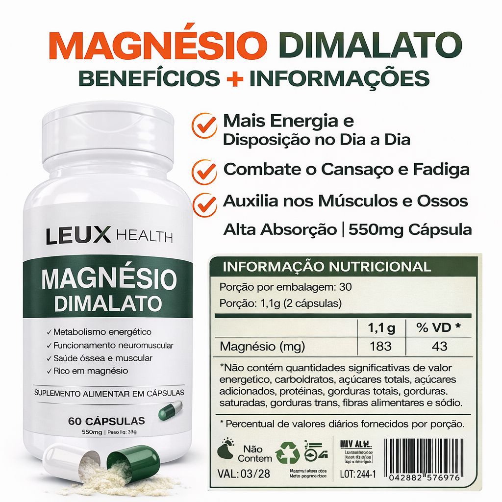 Kit 2x Magnésio Dimalato 550mg – 120 Cápsulas, Qualidade do sono, Recuperação Muscular, Foco e Disposição