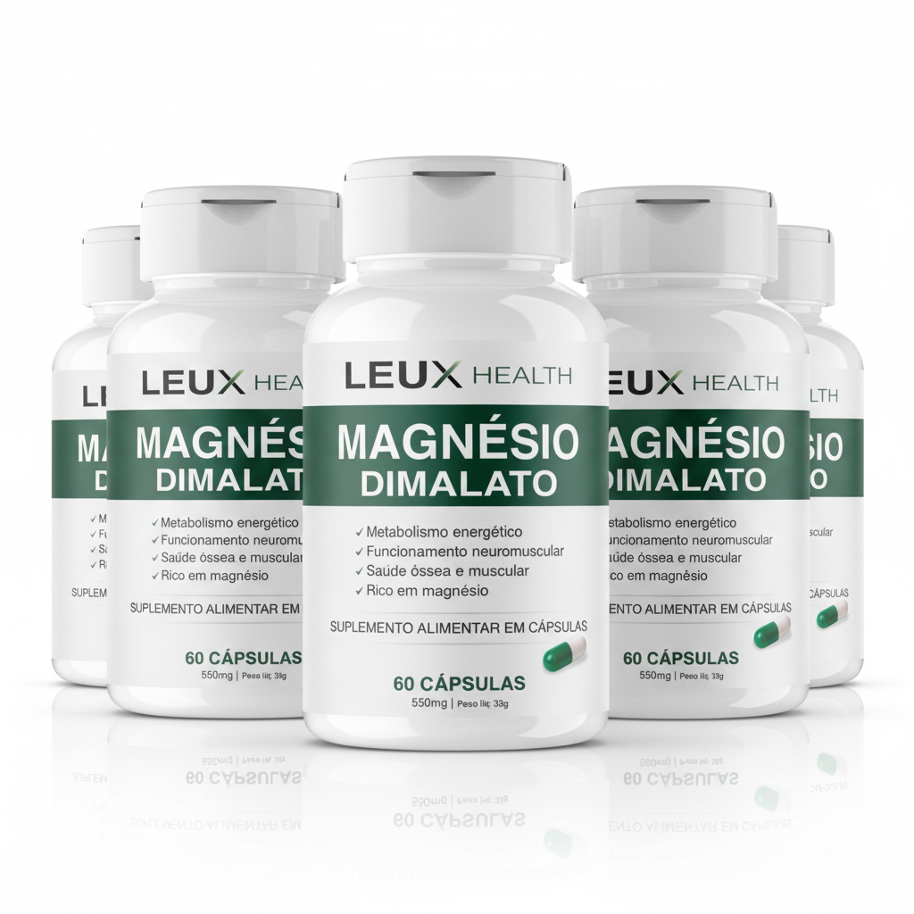 Kit 5x Magnésio Dimalato 550mg LEUX HEALTH – 300 Cápsulas fundo branco