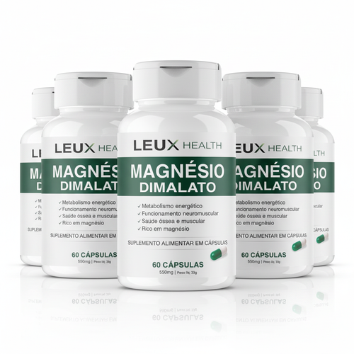 Kit 5x Magnésio Dimalato 550mg LEUX HEALTH – 300 Cápsulas fundo branco