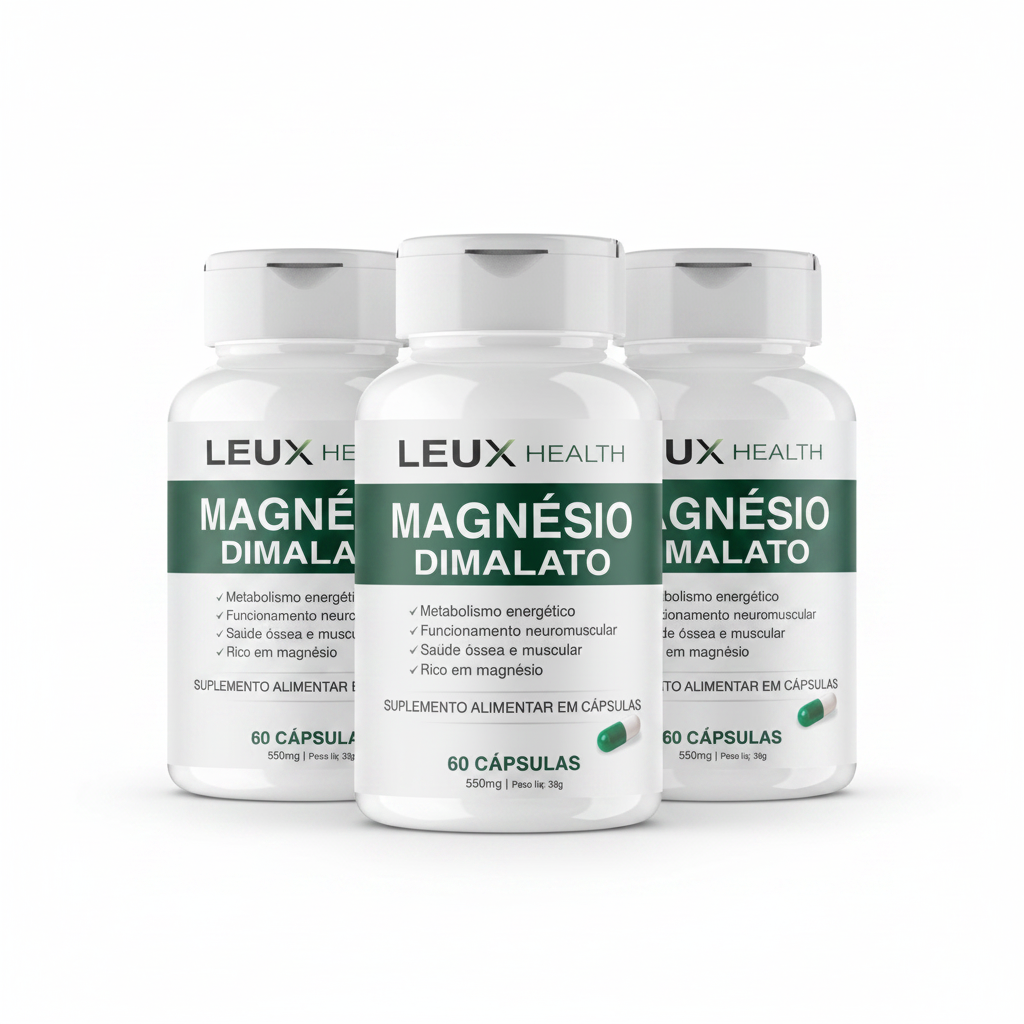 Kit 3x Magnésio Dimalato 550mg LEUX HEALTH – 180 Cápsulas fundo branco