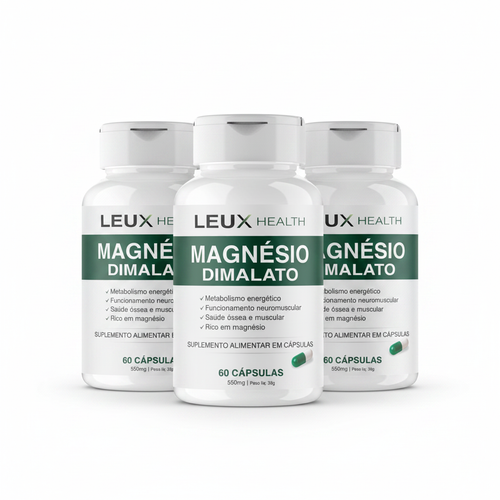 Kit 3x Magnésio Dimalato 550mg LEUX HEALTH – 180 Cápsulas fundo branco